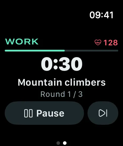 Stako on Apple Watch showing a set of goblet squats, a 30-second timer and the rest screen
