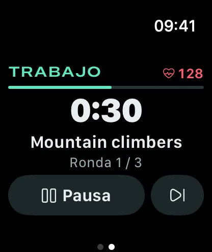 Stako en el Apple Watch con una serie de sentadillas goblet, un temporizador de 30 segundos y la pantalla de descanso