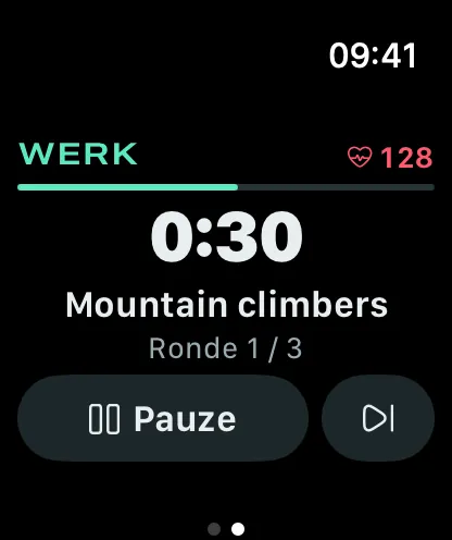 Stako op Apple Watch met een set goblet squats, een timer van 30 seconden en het rustscherm