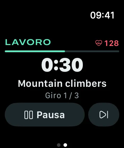 Stako su Apple Watch con una serie di goblet squat, un timer di 30 secondi e la schermata di recupero