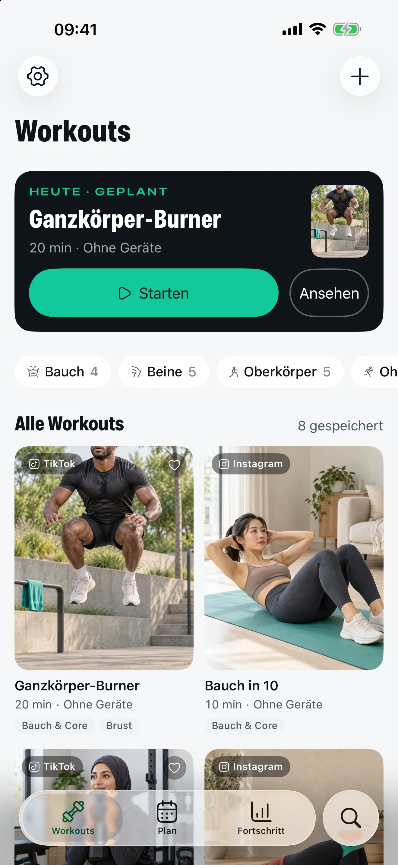 Stakos Workout-Bibliothek auf dem iPhone mit dem geplanten Workout für heute und gespeicherten Workouts von TikTok und Instagram