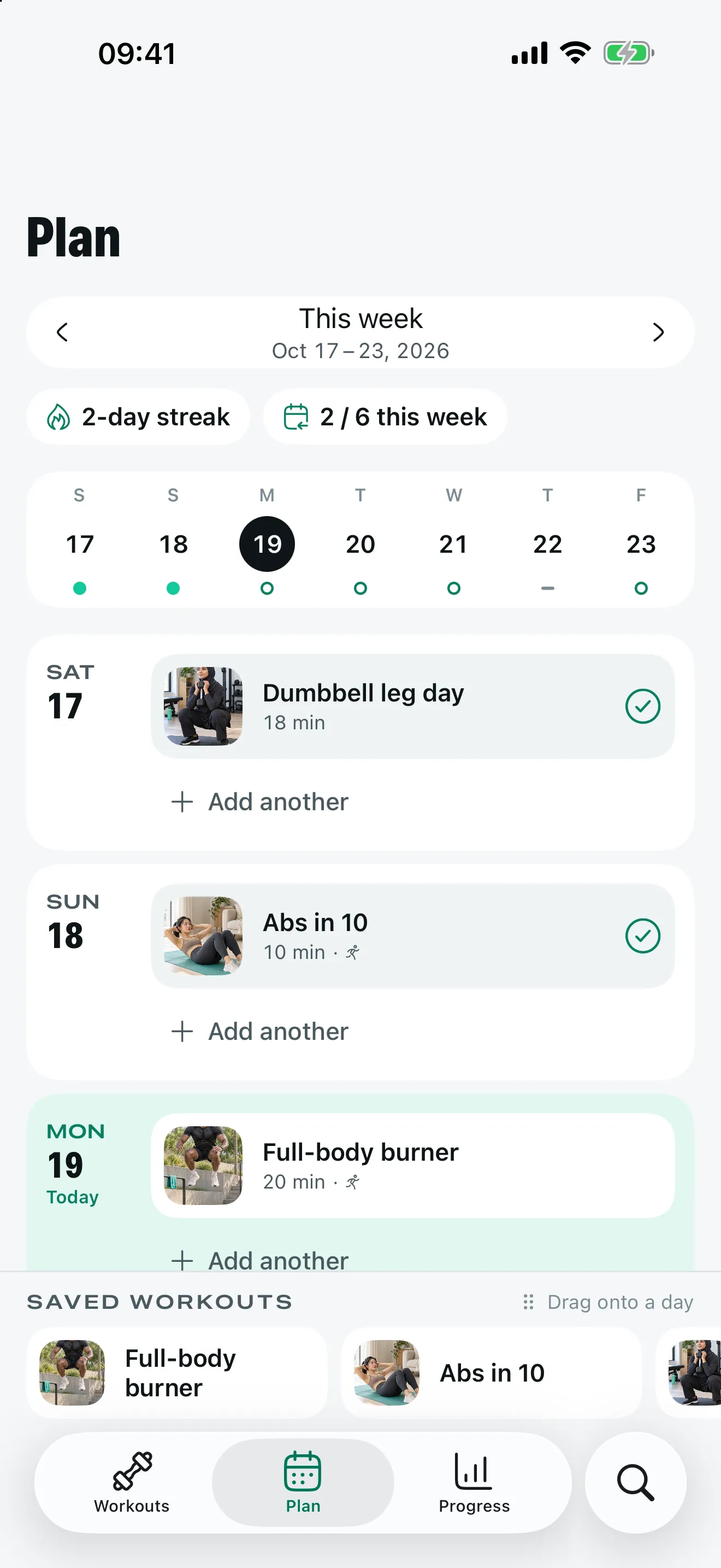 Stako's weekly workout plan with a two-day streak and planned workouts