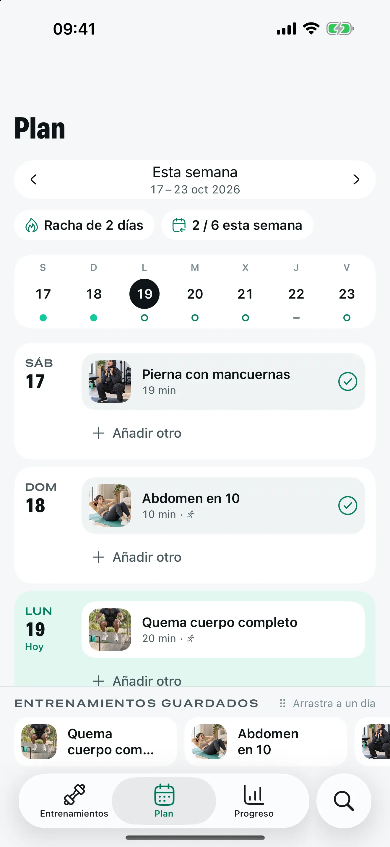 El plan semanal de Stako con una racha de dos días y entrenamientos planificados