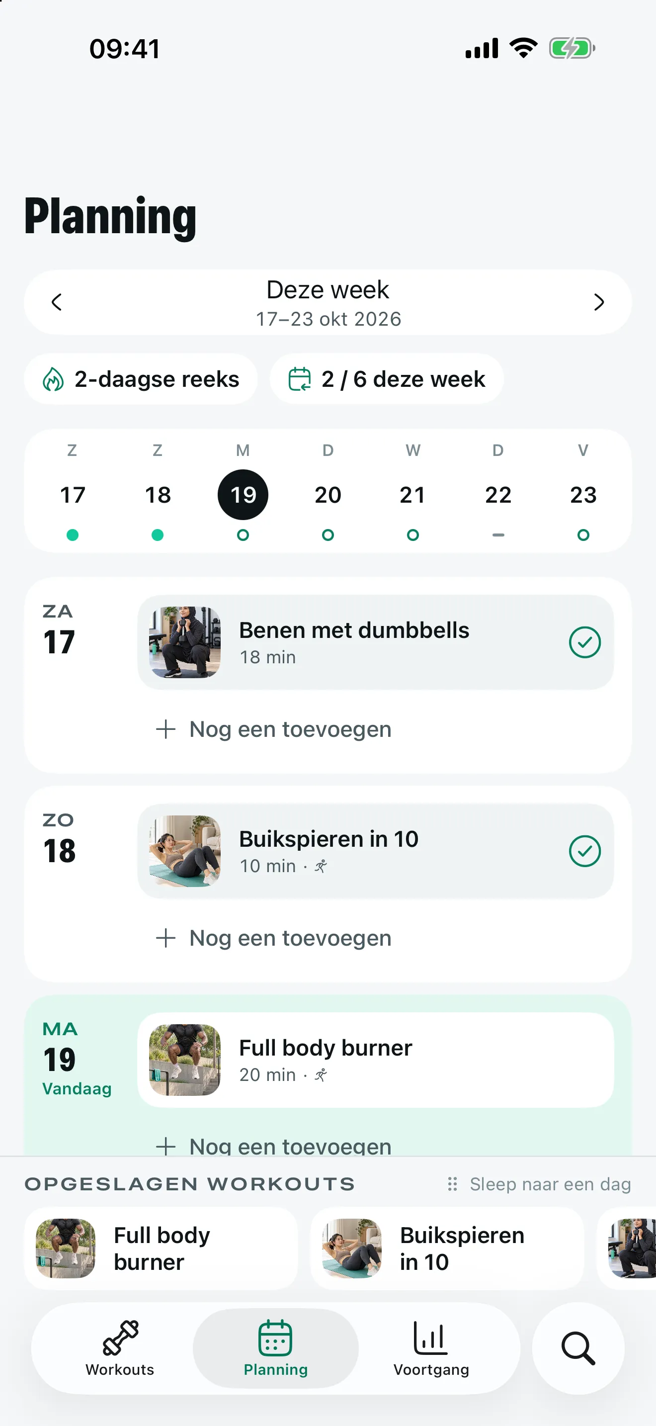 Het weekplan van Stako met een reeks van twee dagen en geplande workouts