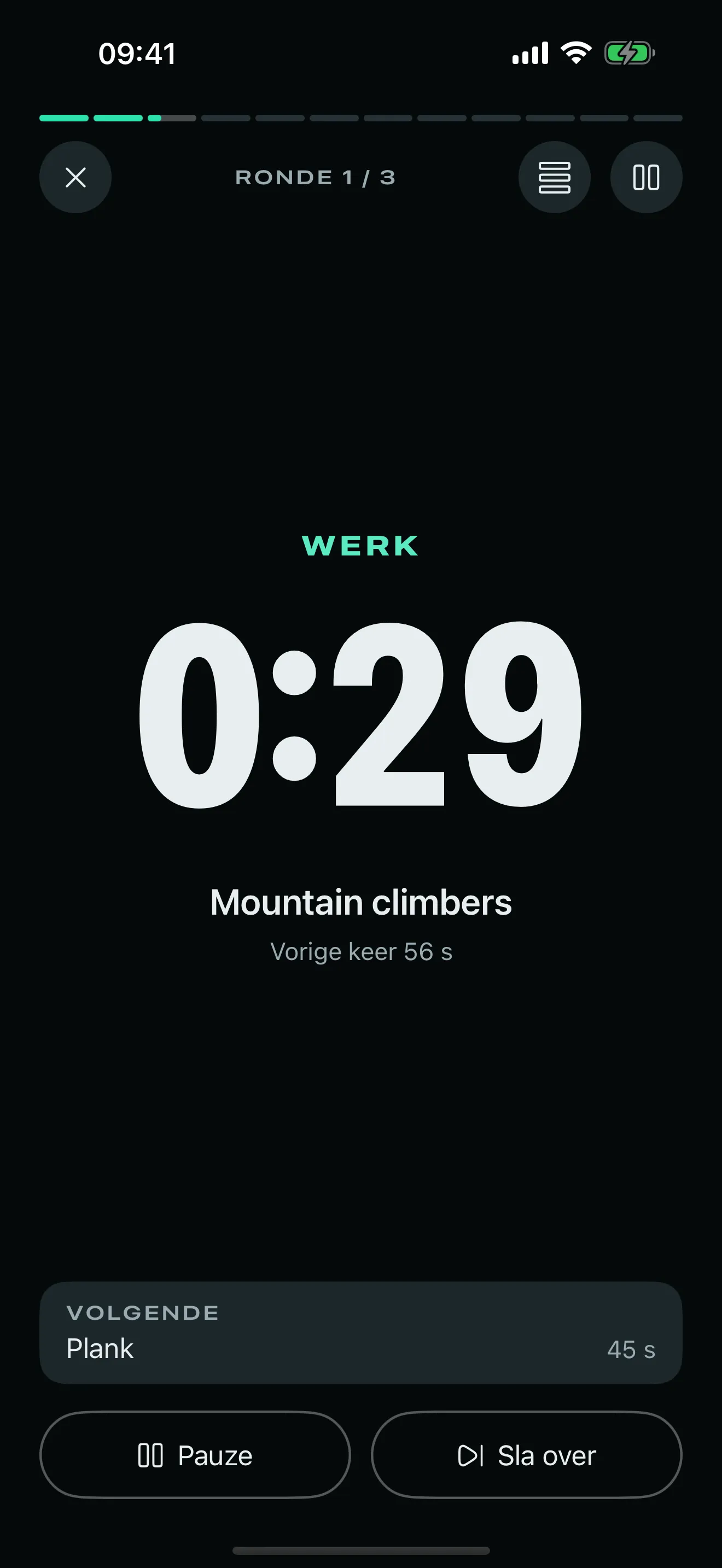 De workoutmodus van Stako op iPhone telt 30 seconden mountain climbers af